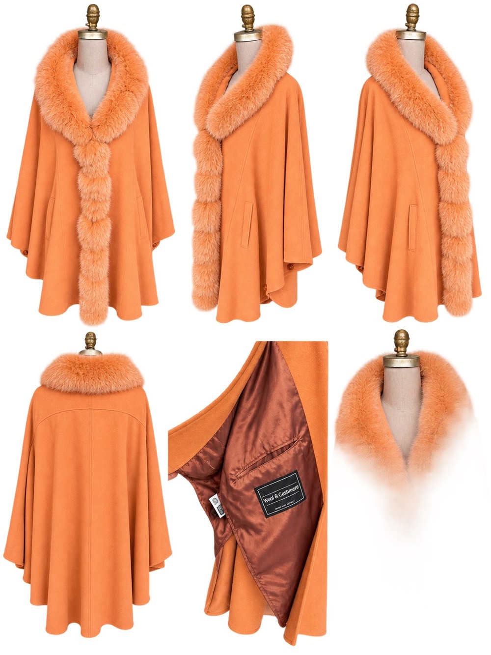 1980s Vintage Italian Wool & Cashmere Cape With Fur Collar Size M